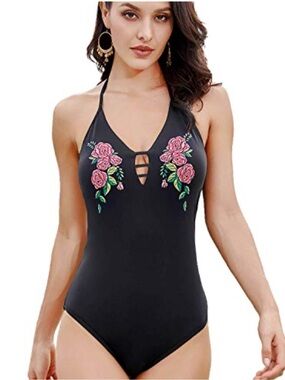 As Rose Rich Black One-Piece Swimsuit with Red Rose Embroidery
